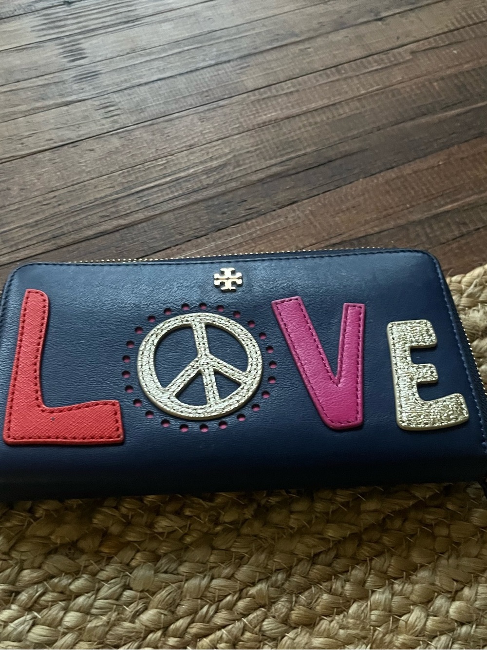 Tory Burch Navy Leather Zip Wallet with Colorful LOVE Appliqués